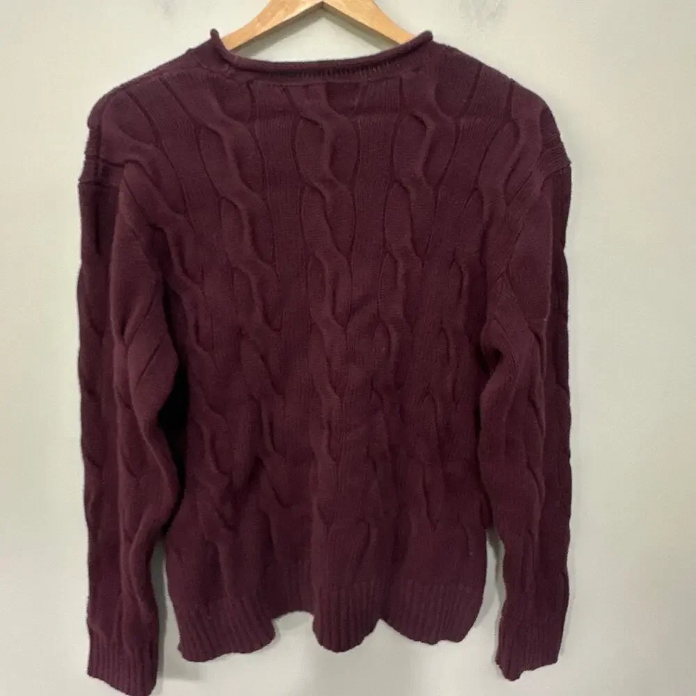 Polo Ralph Lauren Sweater Womens Burgundy Roll Neck Chunky Cable Knit Fisherman